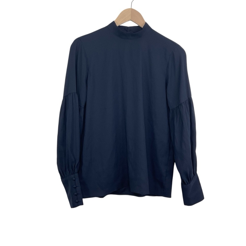 Ann Taylor Navy Mock Neck Blouse Lantern Sleeve Size XS